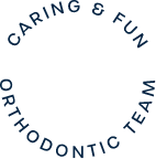 Circle shaped text saying caring and fun orthodontic team