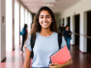 Teen girl smiling while walking to class